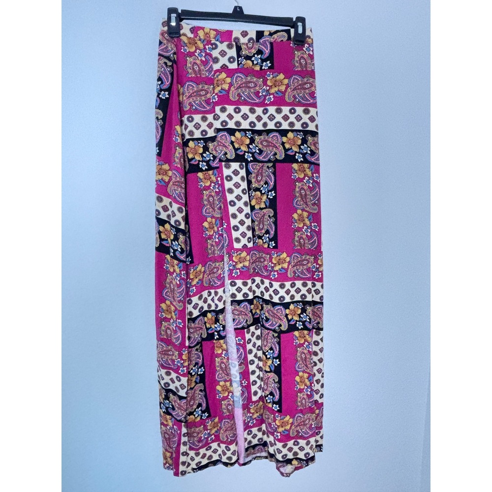 Minkpink Pink Paisley Floral Patchwork‎ High Slit Maxi Skirt XS Boho Side Zip